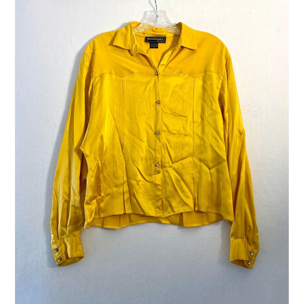 Baldanza Idee Force Vintage 100% Silk Yellow Western Yoke Rhinestone Blouse Sz 8